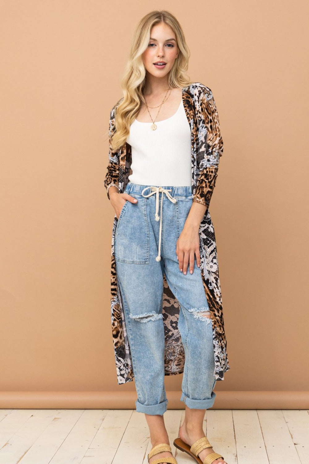 And The Why Leopard Kimono Open Front Longline Cardigan