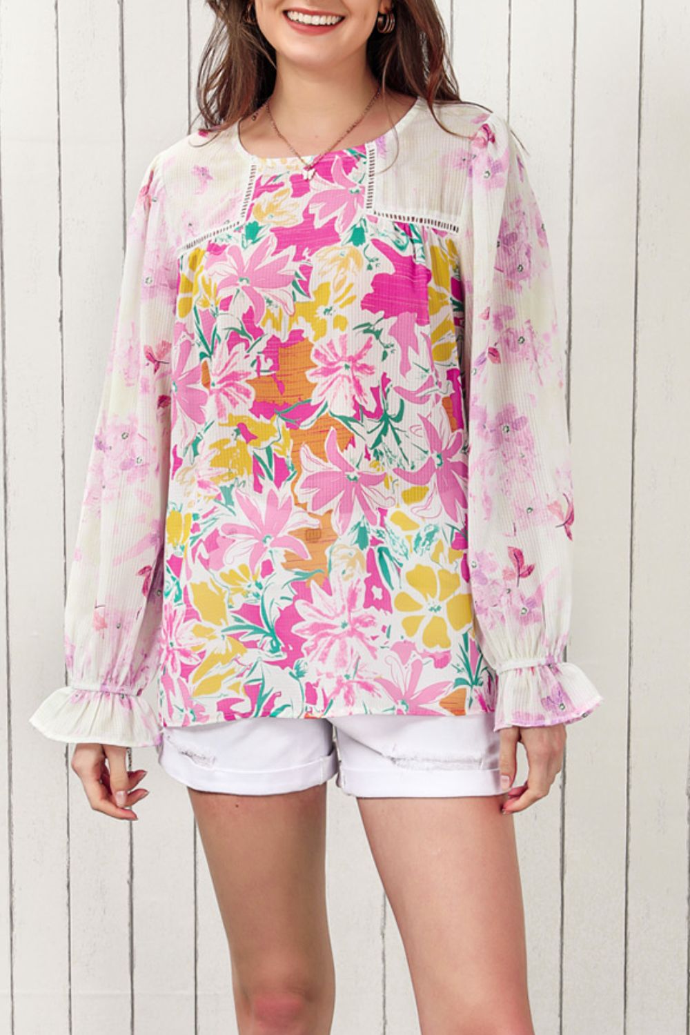 Floral Round Neck Flounce Sleeve Blouse