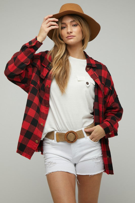 PLAID EMBROIDERED PATCH BUTTON DOWN JACKET