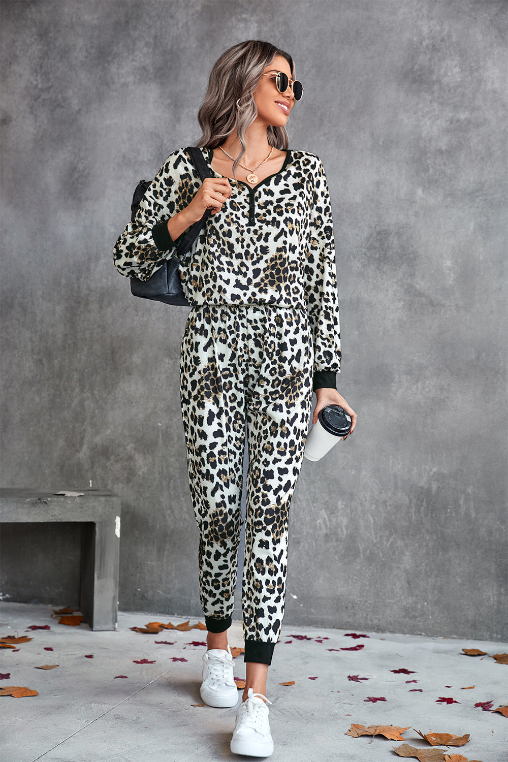 Leopard V-Neck Dropped Shoulder Loungewear Set