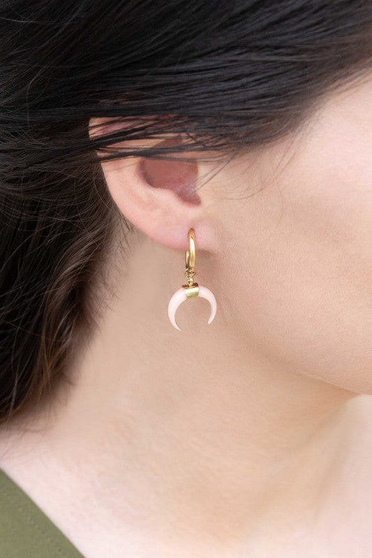 Double Horn Pink Hoop Earrings - 14K