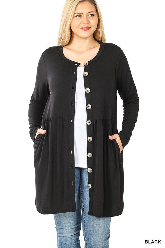 PLUS SHIRRED WAIST BUTTONED CARDIGAN