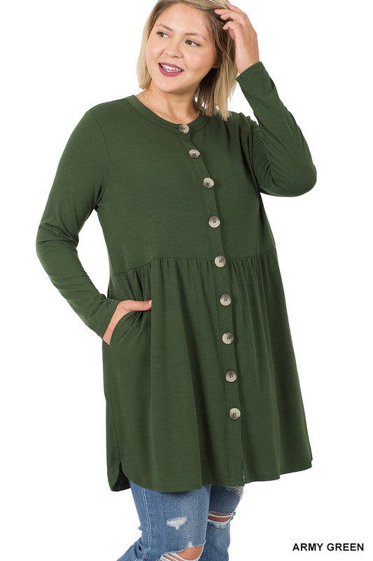 PLUS SHIRRED WAIST BUTTONED CARDIGAN