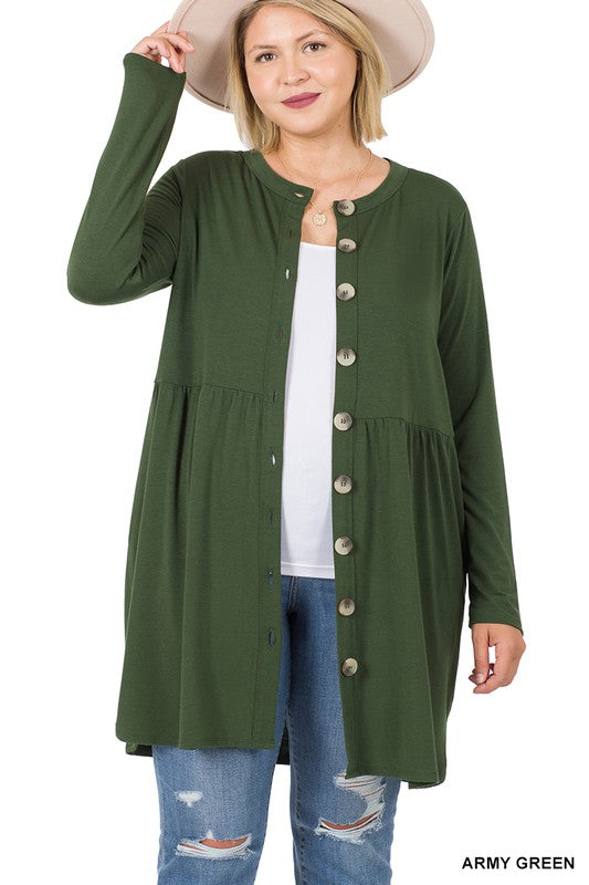 PLUS SHIRRED WAIST BUTTONED CARDIGAN