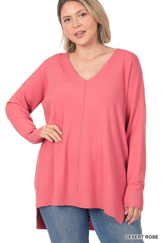 PLUS HI-LOW HEM V-NECK CENTER SEAM SWEATER