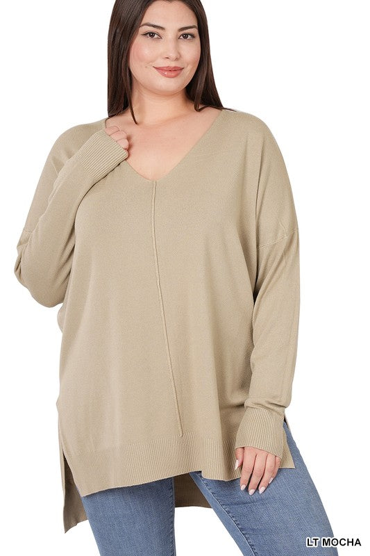 PLUS HI-LOW HEM V-NECK CENTER SEAM SWEATER