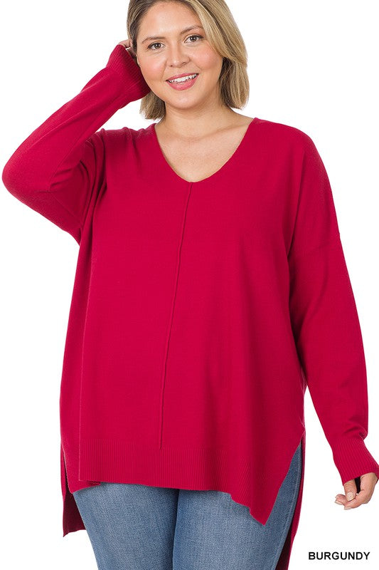 PLUS HI-LOW HEM V-NECK CENTER SEAM SWEATER