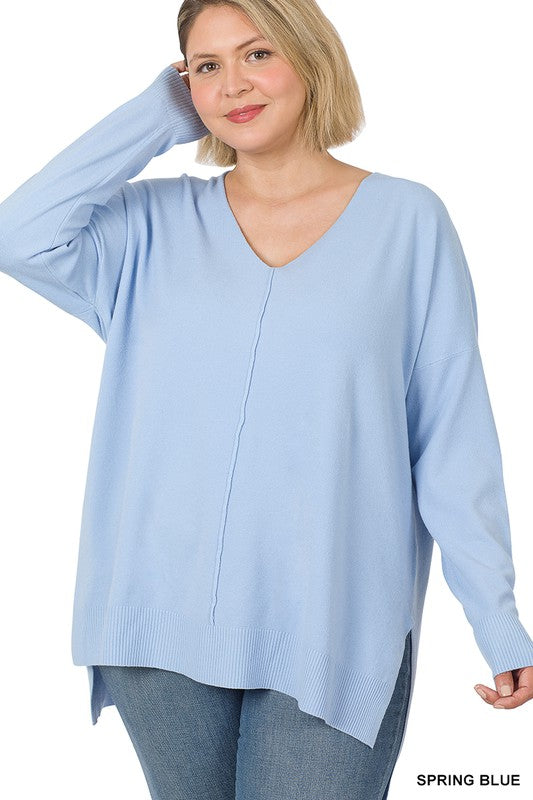 PLUS HI-LOW HEM V-NECK CENTER SEAM SWEATER