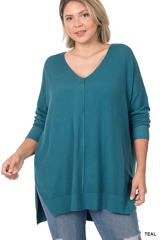 PLUS HI-LOW HEM V-NECK CENTER SEAM SWEATER