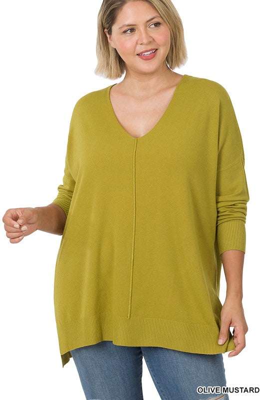 PLUS HI-LOW HEM V-NECK CENTER SEAM SWEATER