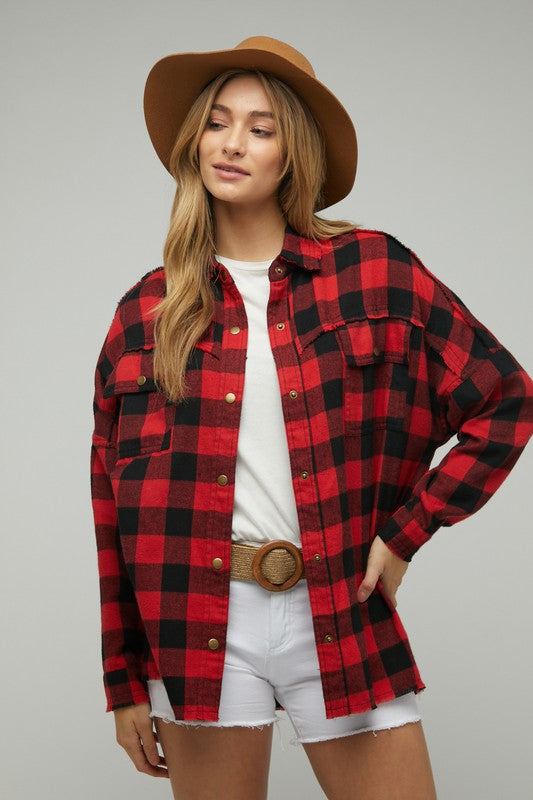 PLAID EMBROIDERED PATCH BUTTON DOWN JACKET