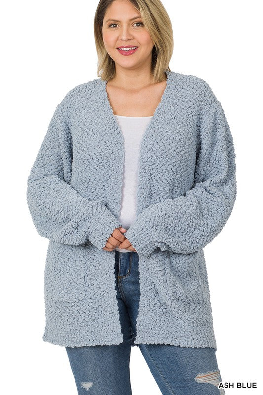 PLUS PUFF SLEEVE POPCORN CARDIGAN WITH POCKETS