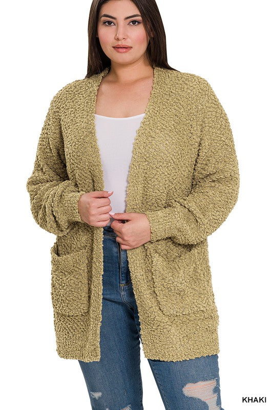 PLUS PUFF SLEEVE POPCORN CARDIGAN WITH POCKETS