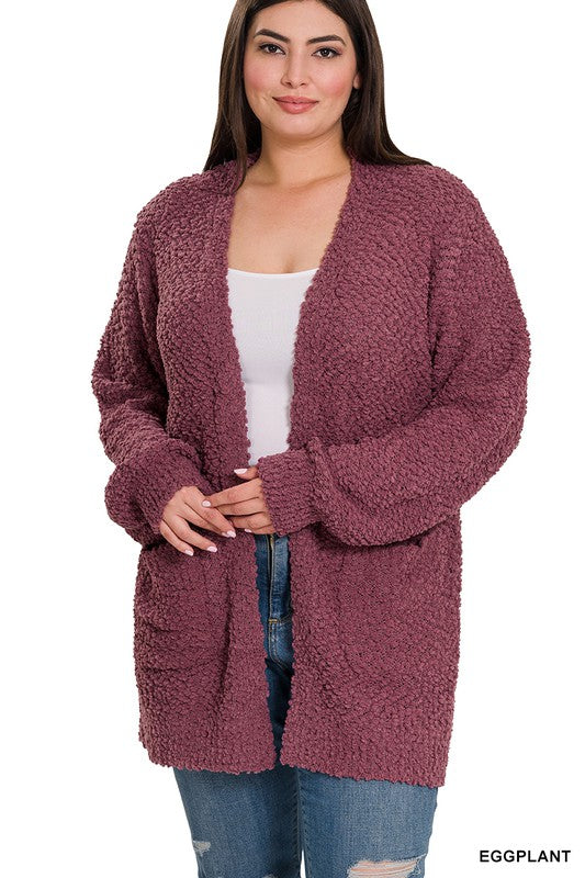 PLUS PUFF SLEEVE POPCORN CARDIGAN WITH POCKETS