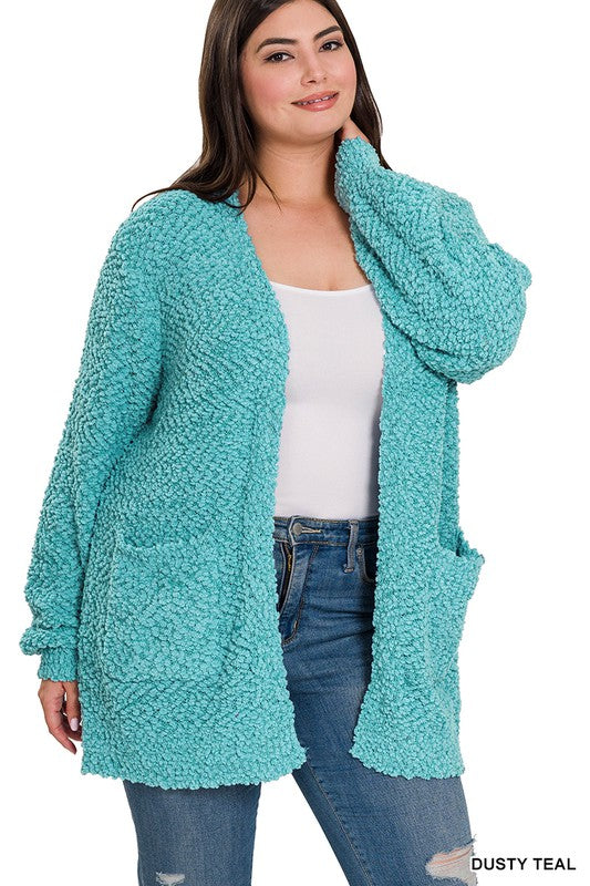 PLUS PUFF SLEEVE POPCORN CARDIGAN WITH POCKETS