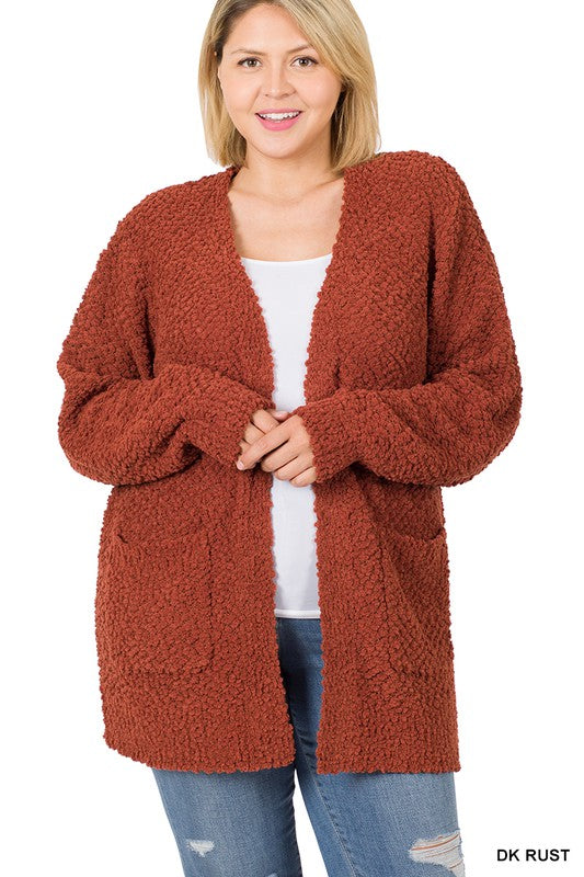 PLUS PUFF SLEEVE POPCORN CARDIGAN WITH POCKETS