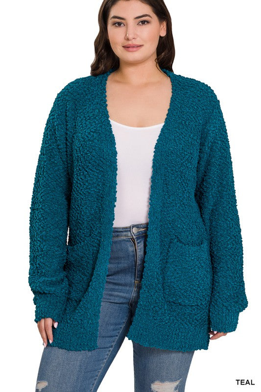 PLUS PUFF SLEEVE POPCORN CARDIGAN WITH POCKETS