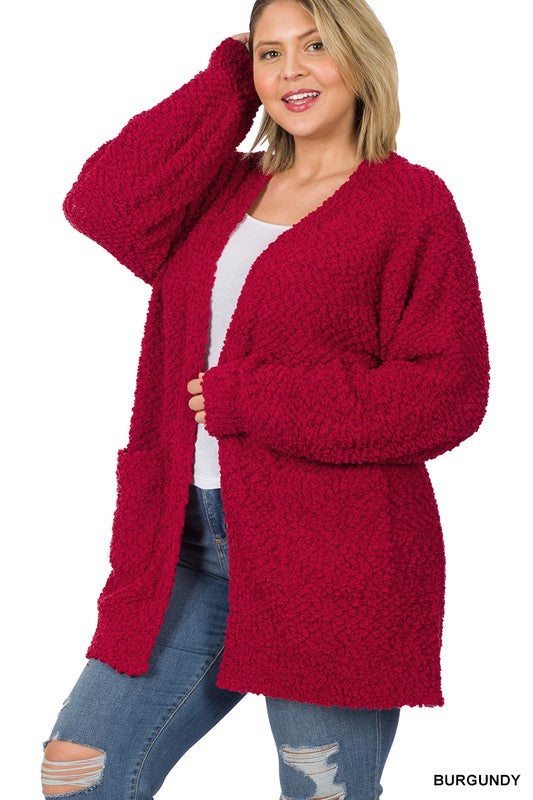 PLUS PUFF SLEEVE POPCORN CARDIGAN WITH POCKETS