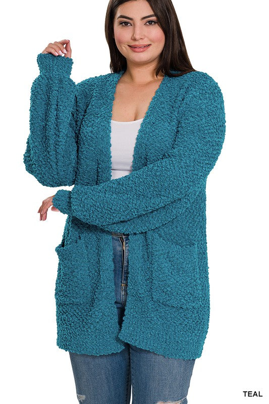 PLUS PUFF SLEEVE POPCORN CARDIGAN WITH POCKETS