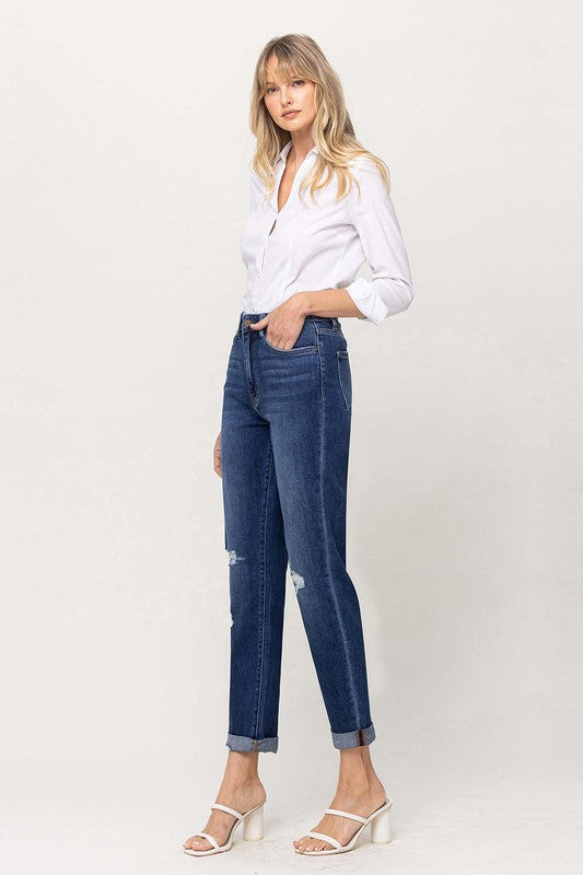 DISTRESSED DOUBLE CUFFED STRETCH MOM JEAN