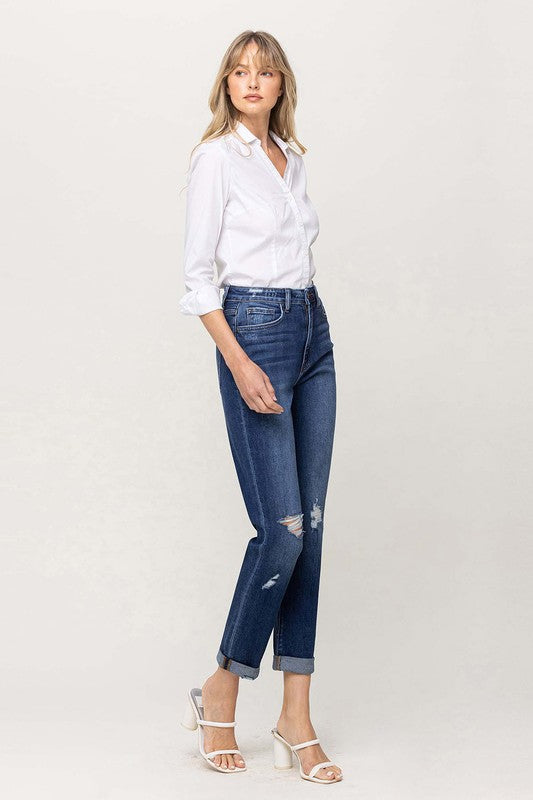 DISTRESSED DOUBLE CUFFED STRETCH MOM JEAN