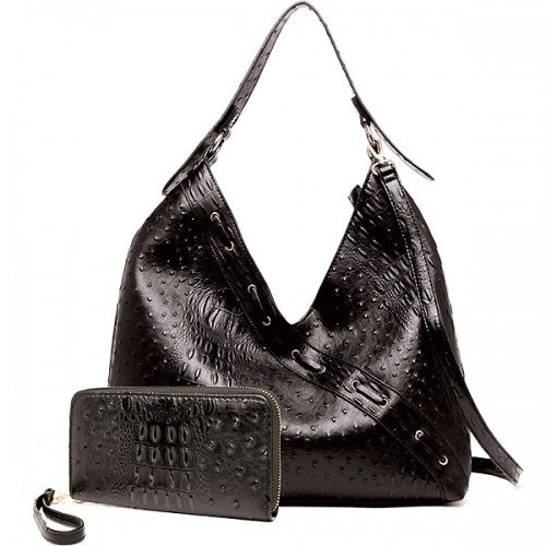 Ostrich & Croc Pattern Hobo Shoulder bag w Wallet