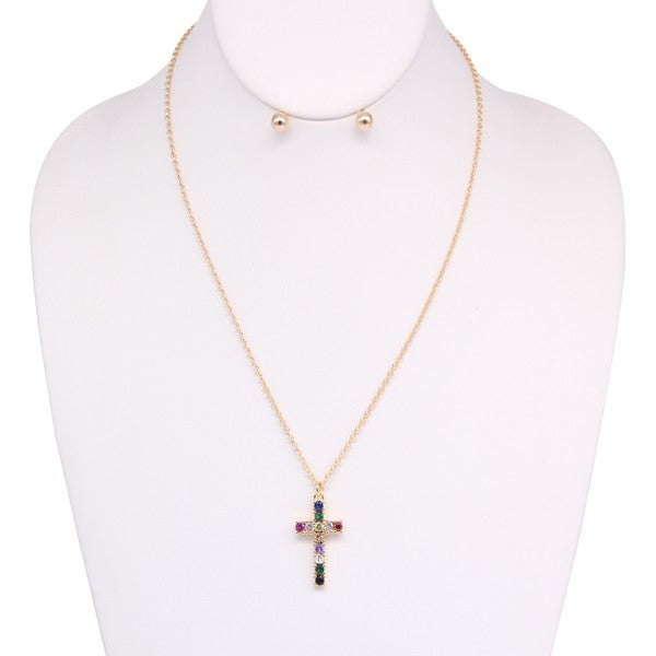 CROSS RHINESTONE NECKLACE EARRING SET