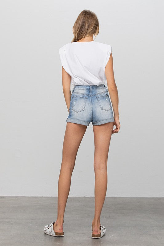 Double Waistband Denim Shorts