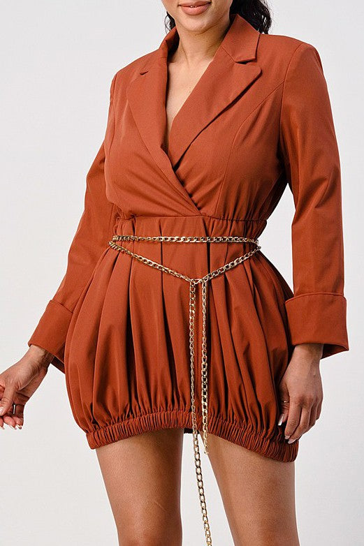 Terracotta Trench Romper with Gold Chain Belt