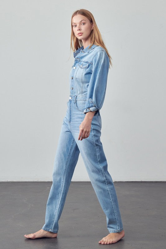 High Waist Flap Pocket Half Button Denim Jumpsuit