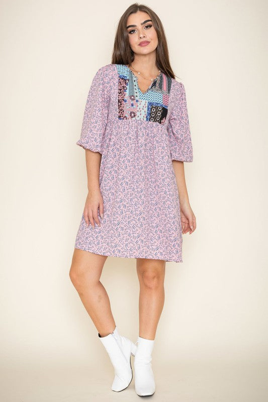 3/4 sleeve Ditsy Floral Patch Panel Boho Dress