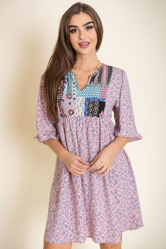 3/4 sleeve Ditsy Floral Patch Panel Boho Dress