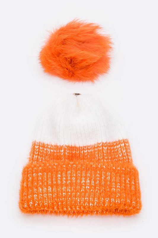 Wool Blend Fur Pom Pop Color Beanie