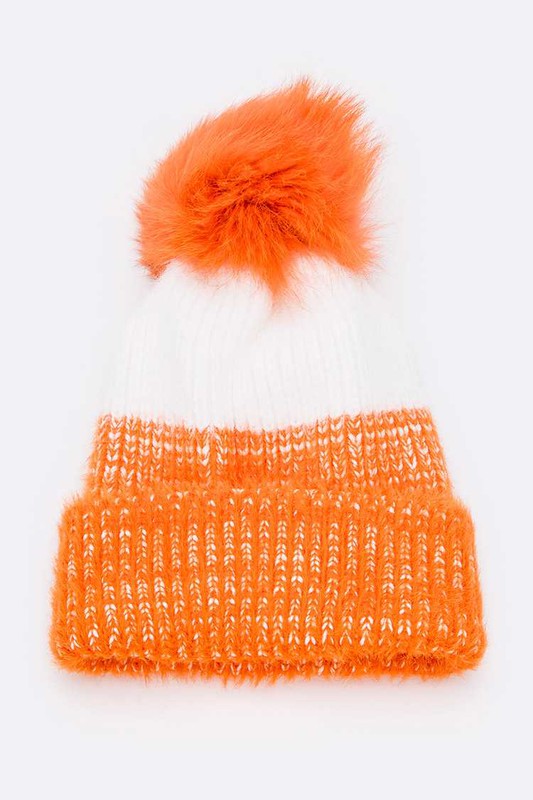 Wool Blend Fur Pom Pop Color Beanie