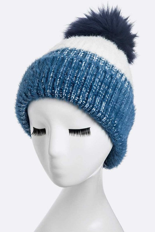 Wool Blend Fur Pom Pop Color Beanie