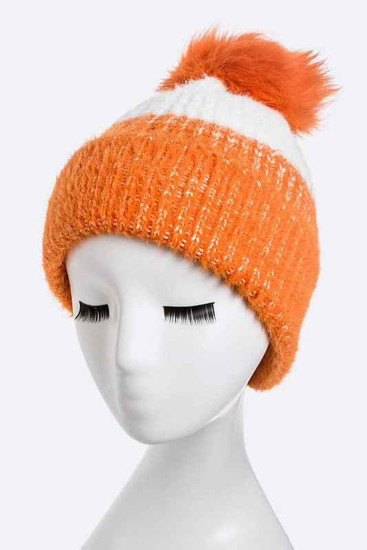 Wool Blend Fur Pom Pop Color Beanie