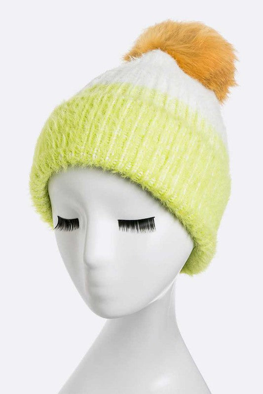 Wool Blend Fur Pom Pop Color Beanie