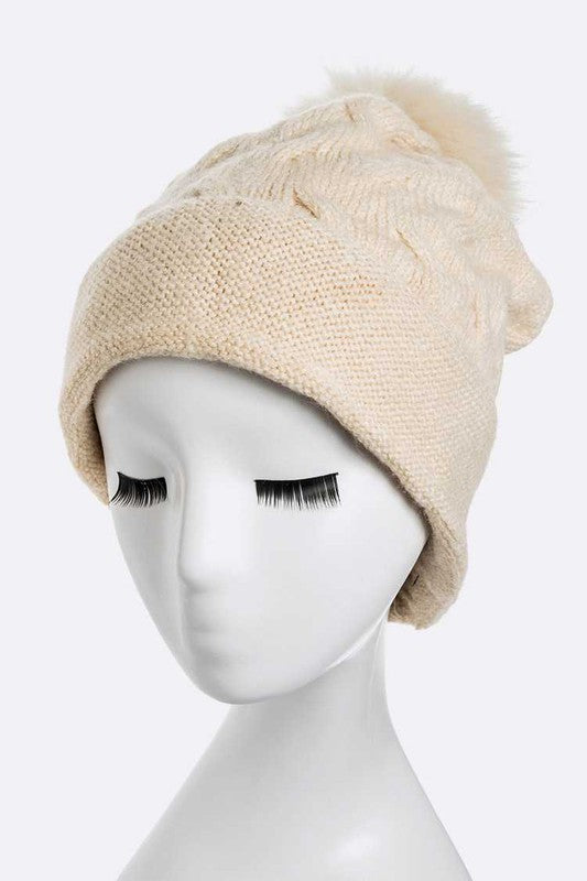 Wool Blend Fur Pom Slouchy Beanie