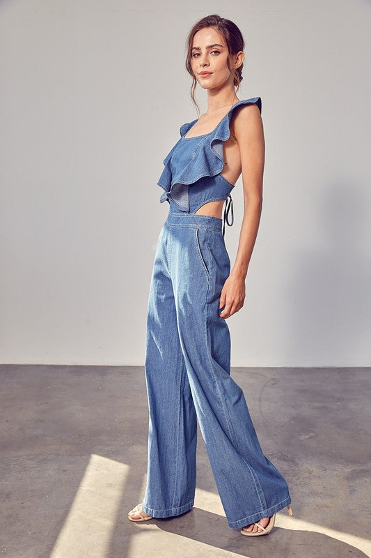 RUFFLE SLEEVES OPEN BACK JUMPSUIT