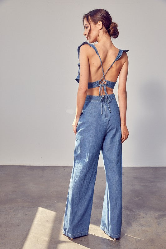 RUFFLE SLEEVES OPEN BACK JUMPSUIT