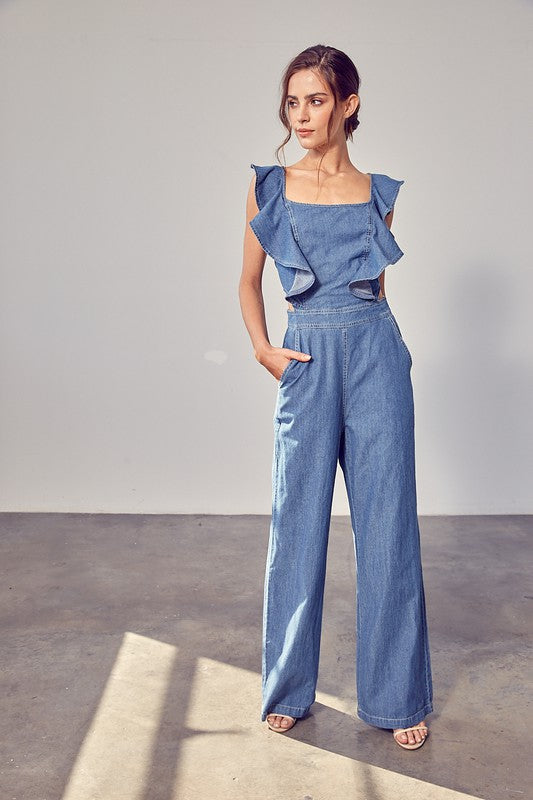 RUFFLE SLEEVES OPEN BACK JUMPSUIT