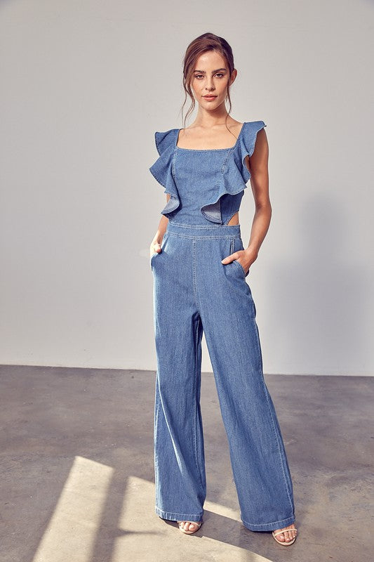 RUFFLE SLEEVES OPEN BACK JUMPSUIT