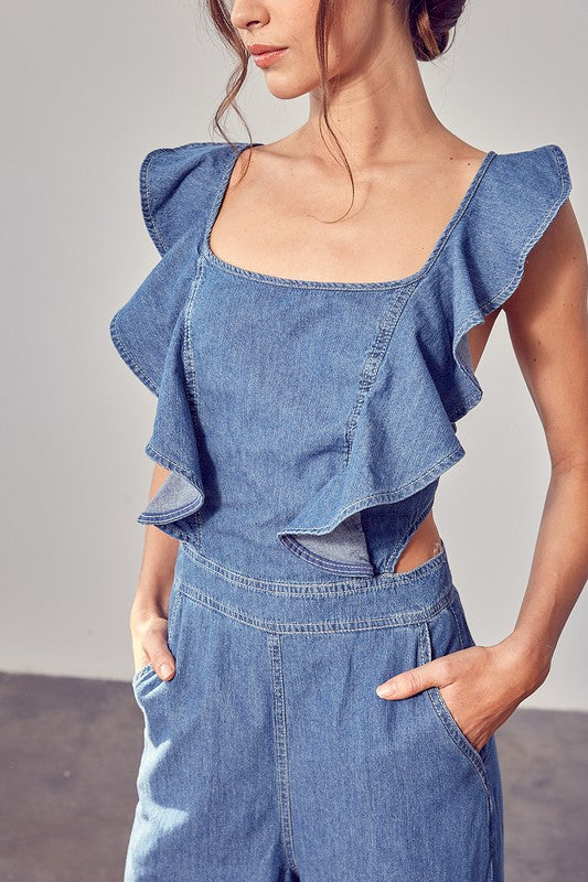 RUFFLE SLEEVES OPEN BACK JUMPSUIT