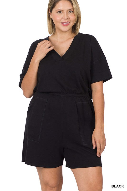 PLUS DROP SHOULDER V-NECK ROMPER WITH POCKETS