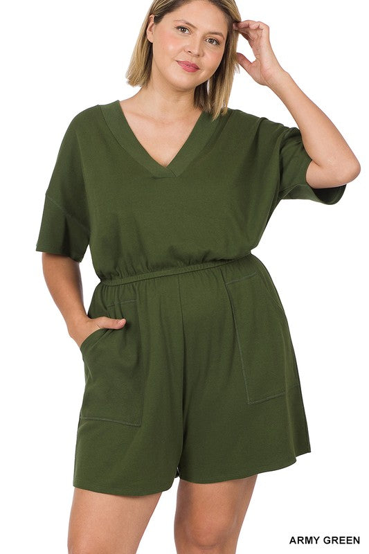 PLUS DROP SHOULDER V-NECK ROMPER WITH POCKETS