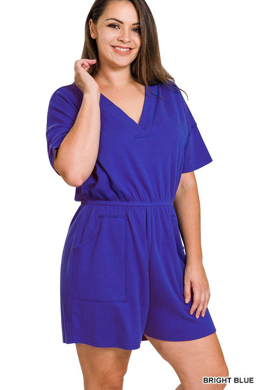 PLUS DROP SHOULDER V-NECK ROMPER WITH POCKETS