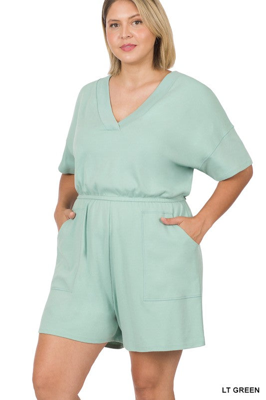 PLUS DROP SHOULDER V-NECK ROMPER WITH POCKETS