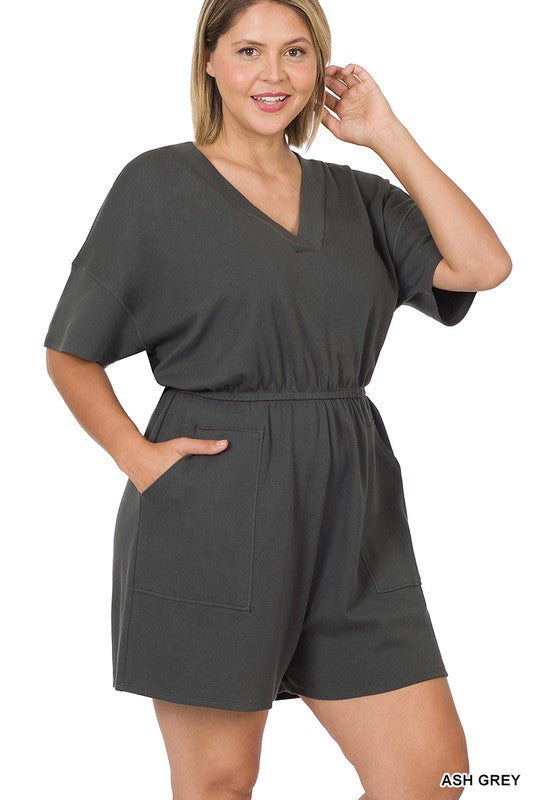 PLUS DROP SHOULDER V-NECK ROMPER WITH POCKETS