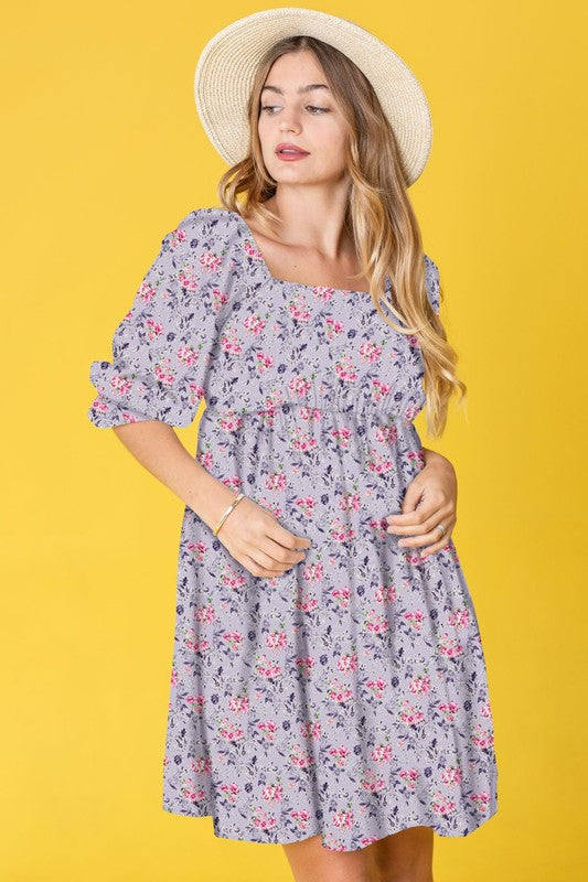 Branch Floral Squared Neck Mini Dress