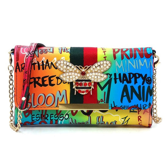 Queen Bee Stripe Graffiti Crossbody Clutch Wallet